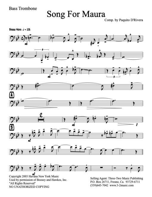 Song For Maura V.1 bass trombone (Download) Latin jazz printed sheet music www.3-2music.com Paquito D'Rivera big band 4-4-5 instrumentation