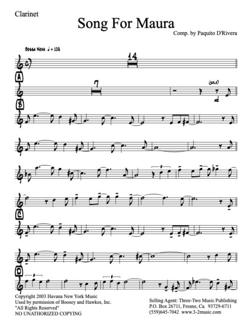 Song For Maura V.1 clarinet (Download) Latin jazz printed sheet music www.3-2music.com Paquito D'Rivera big band 4-4-5 instrumentation