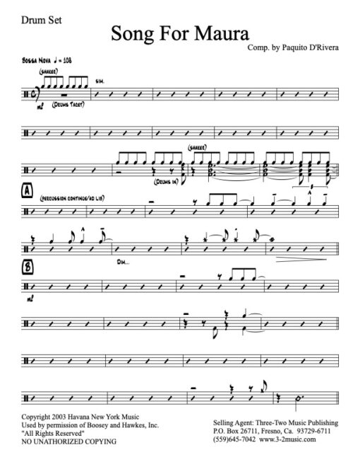 Song For Maura V.1 drums (Download) Latin jazz printed sheet music www.3-2music.com Paquito D'Rivera big band 4-4-5 instrumentation