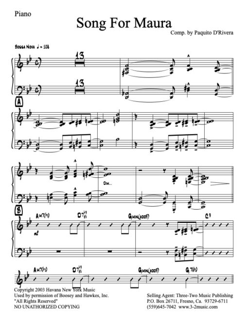 Song For Maura V.1 piano (Download) Latin jazz printed sheet music www.3-2music.com Paquito D'Rivera big band 4-4-5 instrumentation