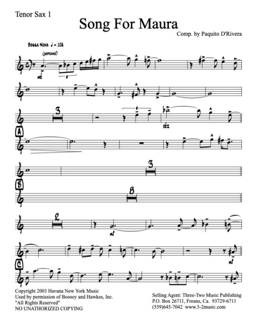 Song For Maura V.1 tenor 1 (Download) Latin jazz printed sheet music www.3-2music.com Paquito D'Rivera big band 4-4-5 instrumentation
