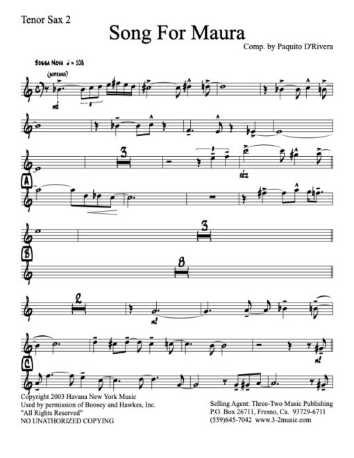 Song For Maura V.1 tenor 2 (Download) Latin jazz printed sheet music www.3-2music.com Paquito D'Rivera big band 4-4-5 instrumentation