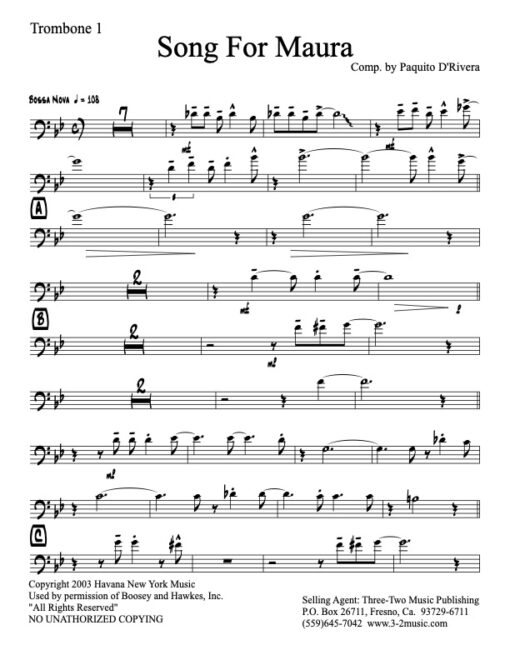 Song For Maura V.1 trombone 1 (Download) Latin jazz printed sheet music www.3-2music.com Paquito D'Rivera big band 4-4-5 instrumentation