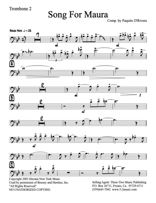 Song For Maura V.1 trombone 2 (Download) Latin jazz printed sheet music www.3-2music.com Paquito D'Rivera big band 4-4-5 instrumentation