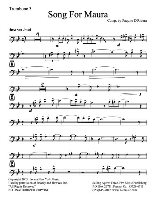 Song For Maura V.1 trombone 3 (Download) Latin jazz printed sheet music www.3-2music.com Paquito D'Rivera big band 4-4-5 instrumentation