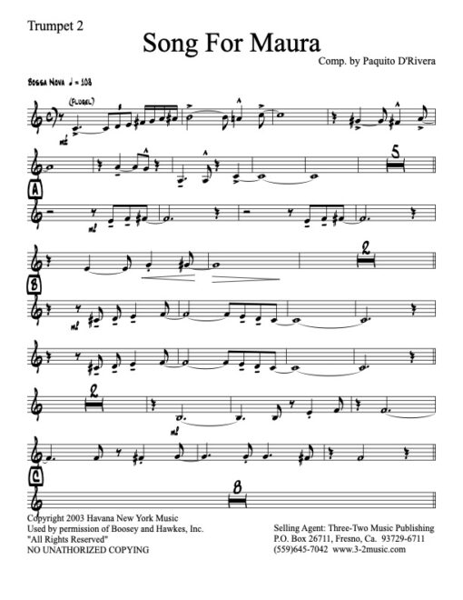 Song For Maura V.1 trumpet 2 (Download) Latin jazz printed sheet music www.3-2music.com Paquito D'Rivera big band 4-4-5 instrumentation