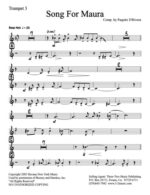 Song For Maura V.1 trumpet 3 (Download) Latin jazz printed sheet music www.3-2music.com Paquito D'Rivera big band 4-4-5 instrumentation