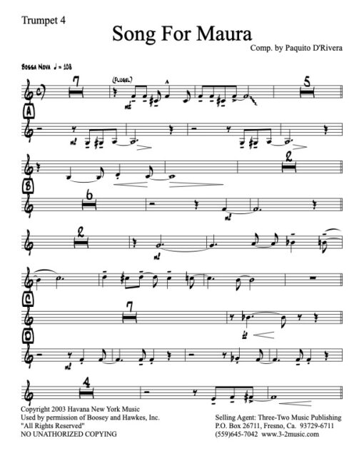 Song For Maura V.1 trumpet 4 (Download) Latin jazz printed sheet music www.3-2music.com Paquito D'Rivera big band 4-4-5 instrumentation