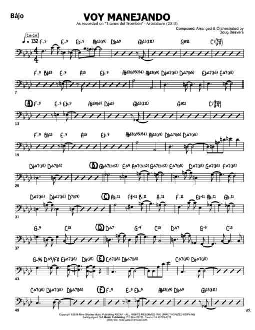 Voy Manejando V.1 bájo (Download) Latin jazz sheet music www.3-2music.com composer and arranger Doug Beavers combo (octet) instrumentation