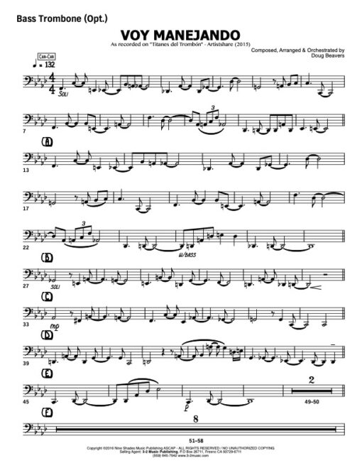 Voy Manejando V.1 bass trombone (Download) Latin jazz sheet music www.3-2music.com composer and arranger Doug Beavers combo (octet) instrumentation