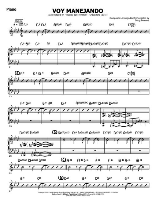 Voy Manejando V.1 piano (Download) Latin jazz sheet music www.3-2music.com composer and arranger Doug Beavers combo (octet) instrumentation