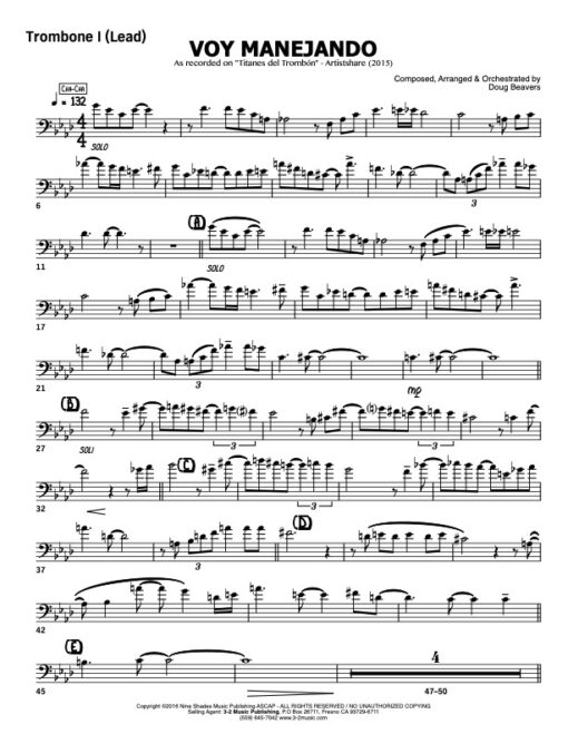 Voy Manejando V.1 trombone 1 (Download) Latin jazz sheet music www.3-2music.com composer and arranger Doug Beavers combo (octet) instrumentation