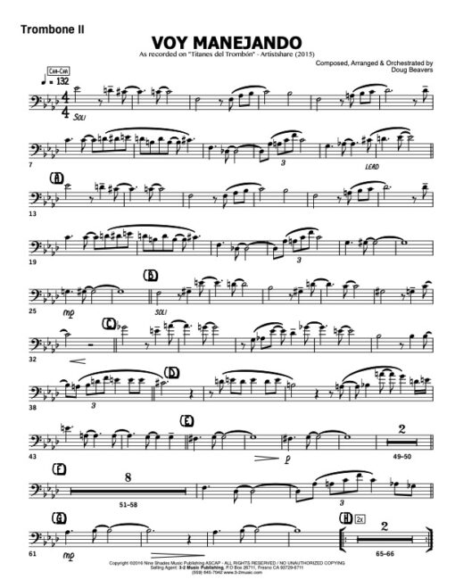 Voy Manejando V.1 trombone 2 (Download) Latin jazz sheet music www.3-2music.com composer and arranger Doug Beavers combo (octet) instrumentation