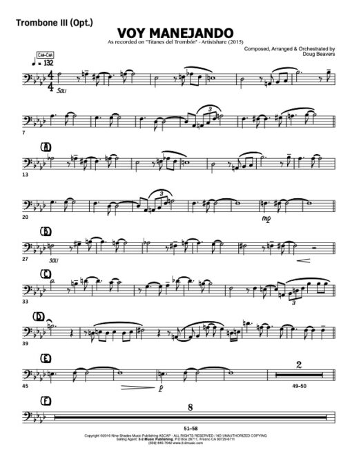 Voy Manejando V.1 trombone 3 (Download) Latin jazz sheet music www.3-2music.com composer and arranger Doug Beavers combo (octet) instrumentation