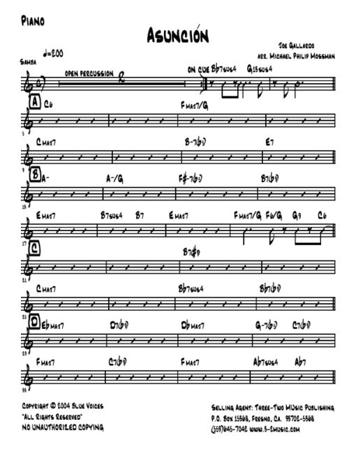 Asunción piano (Download) Latin jazz printed sheet music www.3-2music.com composer and arranger Joe Gallardo big band 4-4-5 rhythm