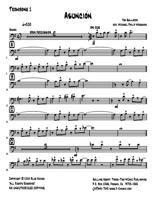 Asunción trombone 1 (Download) Latin jazz printed sheet music www.3-2music.com composer and arranger Joe Gallardo big band 4-4-5 rhythm