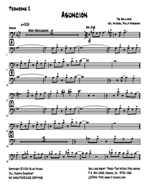 Asunción trombone 2 (Download) Latin jazz printed sheet music www.3-2music.com composer and arranger Joe Gallardo big band 4-4-5 rhythm