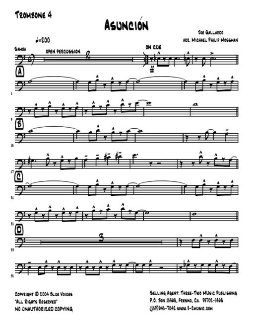 Asunción trombone 4 (Download) Latin jazz printed sheet music www.3-2music.com composer and arranger Joe Gallardo big band 4-4-5 rhythm