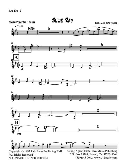 Blue Ray alto 1 (Download) Latin jazz printed sheet music www.3-2music.com composer and arranger Papo Vazquez big band 4-4-5 instrumentation