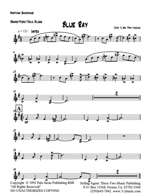 Blue Ray baritone (Download) Latin jazz printed sheet music www.3-2music.com composer and arranger Papo Vazquez big band 4-4-5 instrumentation