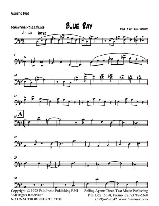 Blue Ray bass (Download) Latin jazz printed sheet music www.3-2music.com composer and arranger Papo Vazquez big band 4-4-5 instrumentation
