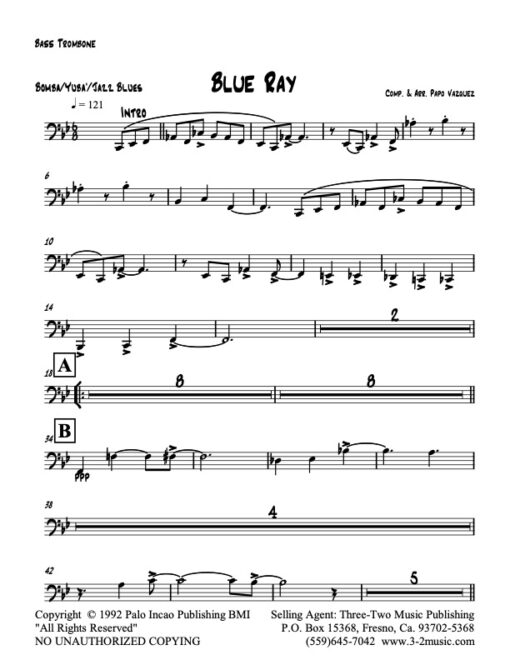 Blue Ray trombone 4 (Download) Latin jazz printed sheet music www.3-2music.com composer and arranger Papo Vazquez big band 4-4-5 instrumentation