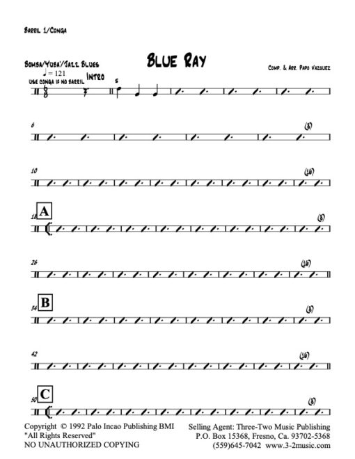 Blue Ray congas (Download) Latin jazz printed sheet music www.3-2music.com composer and arranger Papo Vazquez big band 4-4-5 instrumentation
