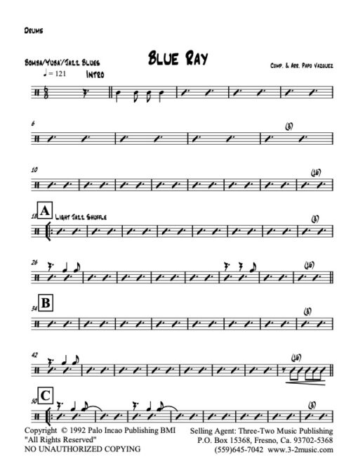 Blue Ray drums (Download) Latin jazz printed sheet music www.3-2music.com composer and arranger Papo Vazquez big band 4-4-5 instrumentation