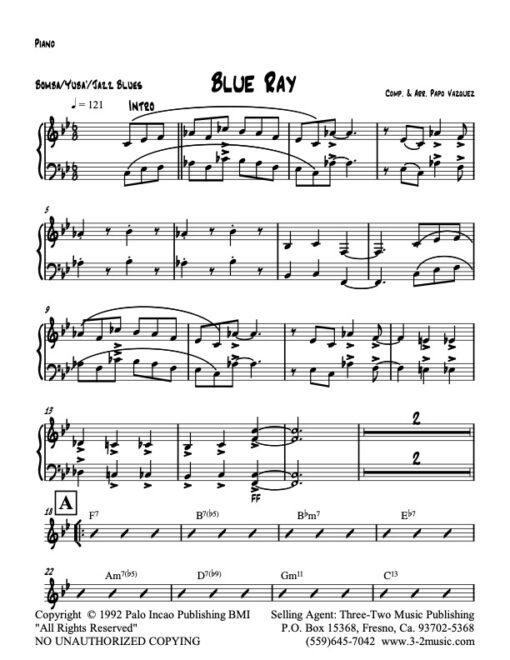 Blue Ray piano (Download) Latin jazz printed sheet music www.3-2music.com composer and arranger Papo Vazquez big band 4-4-5 instrumentation