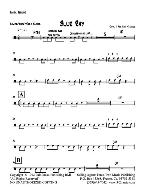 Blue Ray repique (Download) Latin jazz printed sheet music www.3-2music.com composer and arranger Papo Vazquez big band 4-4-5 instrumentation