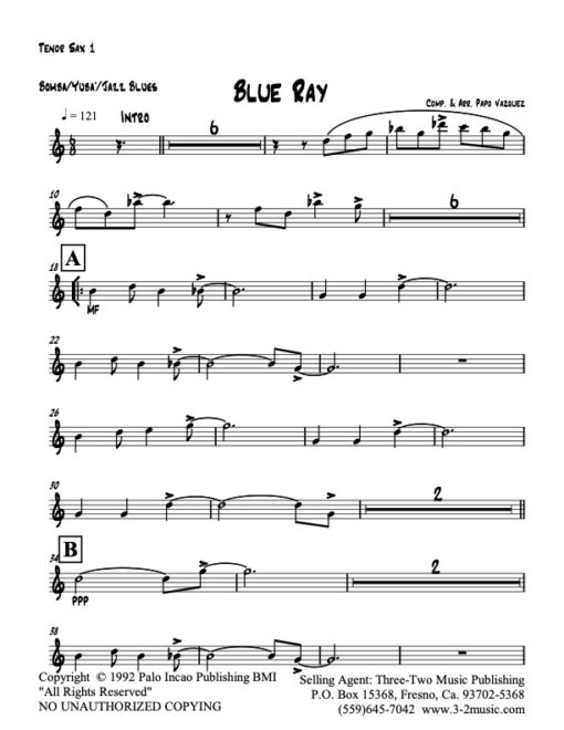Blue Ray tenor 1 (Download) Latin jazz printed sheet music www.3-2music.com composer and arranger Papo Vazquez big band 4-4-5 instrumentation