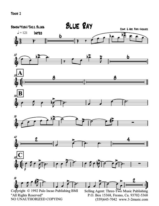 Blue Ray tenor 2 (Download) Latin jazz printed sheet music www.3-2music.com composer and arranger Papo Vazquez big band 4-4-5 instrumentation