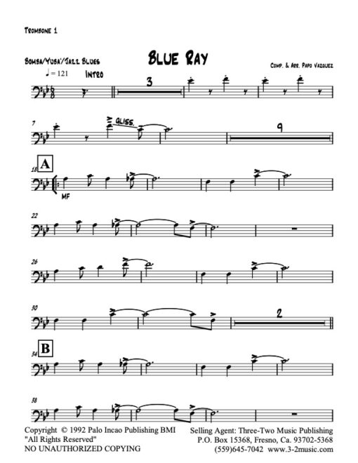 Blue Ray trombone 1 (Download) Latin jazz printed sheet music www.3-2music.com composer and arranger Papo Vazquez big band 4-4-5 instrumentation