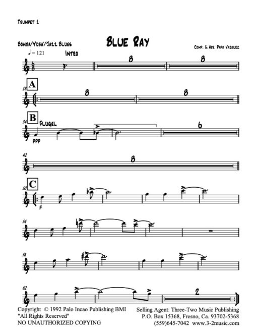 Blue Ray trumpet 1 (Download) Latin jazz printed sheet music www.3-2music.com composer and arranger Papo Vazquez big band 4-4-5 instrumentation