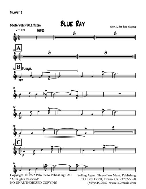 Blue Ray trumpet 2 (Download) Latin jazz printed sheet music www.3-2music.com composer and arranger Papo Vazquez big band 4-4-5 instrumentation
