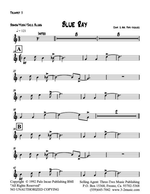 Blue Ray trumpet 3 (Download) Latin jazz printed sheet music www.3-2music.com composer and arranger Papo Vazquez big band 4-4-5 instrumentation