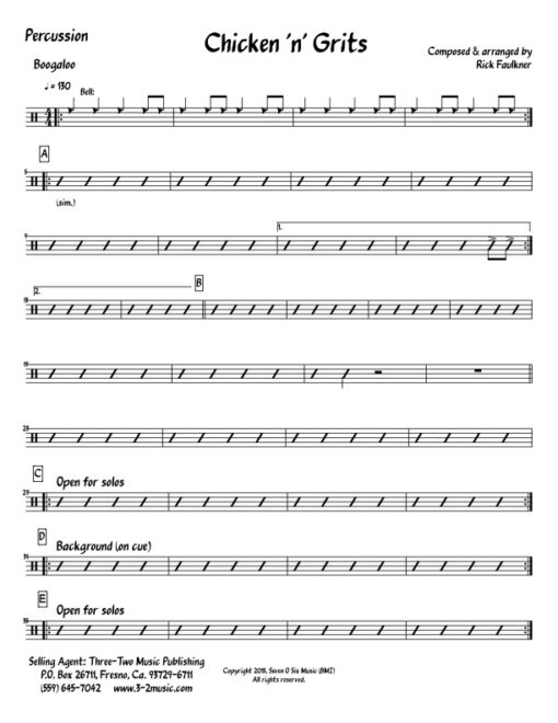 Chicken 'n' Grits V.2 percussion (Download) Latin jazz printed sheet music www.3-2music.com composer and arranger Rick Faulkner big band 4-4-5