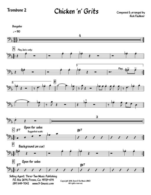 Chicken 'n' Grits V.2 trombone 2 (Download) Latin jazz printed sheet music www.3-2music.com composer and arranger Rick Faulkner big band 4-4-5