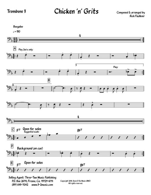 Chicken 'n' Grits V.2 trombone 3 (Download) Latin jazz printed sheet music www.3-2music.com composer and arranger Rick Faulkner big band 4-4-5