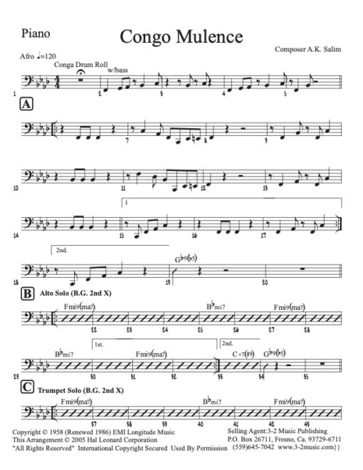 Congo Mulence piano (Download) Latin jazz printed sheet music www.3-2music.com composer and arranger A.K. Salim Latin big band 4-4-5 instrumentation