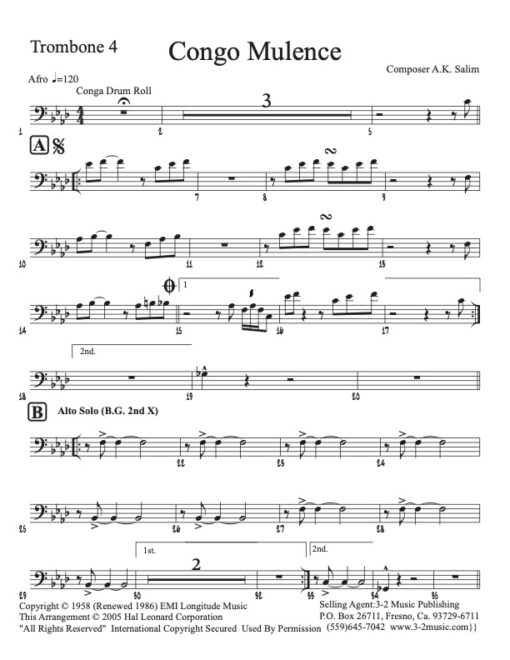 Congo Mulence trombone 4 (Download) Latin jazz printed sheet music www.3-2music.com composer and arranger A.K. Salim Latin big band 4-4-5 instrumentation