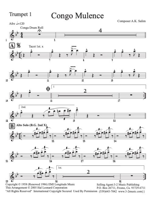 Congo Mulence trumpet 1 (Download) Latin jazz printed sheet music www.3-2music.com composer and arranger A.K. Salim Latin big band 4-4-5 instrumentation