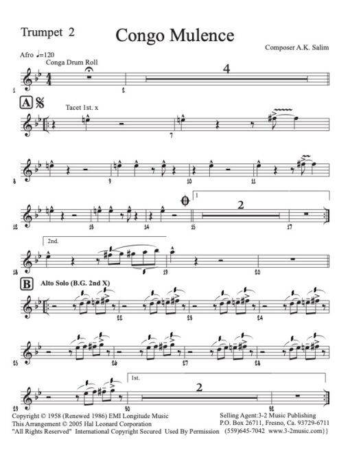 Congo Mulence trumpet 2 (Download) Latin jazz printed sheet music www.3-2music.com composer and arranger A.K. Salim Latin big band 4-4-5 instrumentation
