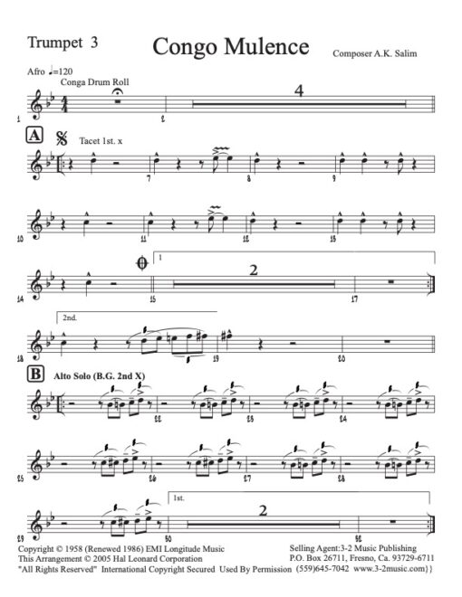 Congo Mulence trumpet 3 (Download) Latin jazz printed sheet music www.3-2music.com composer and arranger A.K. Salim Latin big band 4-4-5 instrumentation