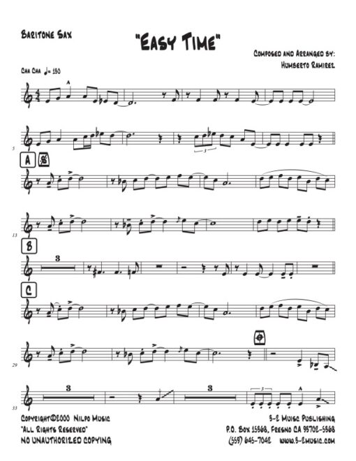 Easy Time baritone (Download) Latin jazz printed sheet music www.3-2music.com composer and arranger Humberto Ramírez big band 4-4-5 instrumentation