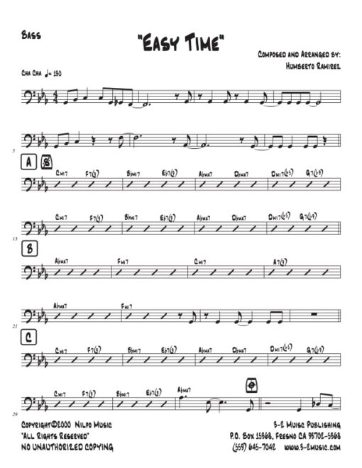 Easy Time bass (Download) Latin jazz printed sheet music www.3-2music.com composer and arranger Humberto Ramírez big band 4-4-5 instrumentation