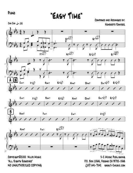 Easy Time piano (Download) Latin jazz printed sheet music www.3-2music.com composer and arranger Humberto Ramírez big band 4-4-5 instrumentation