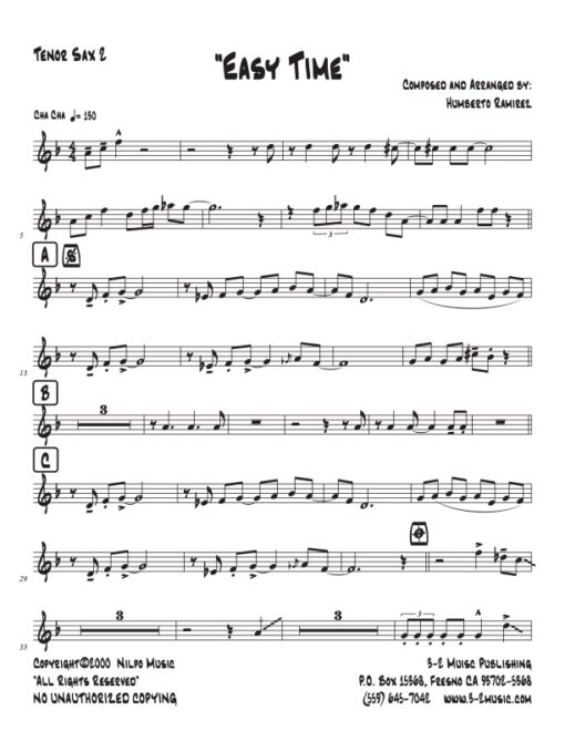 Easy Time tenor 2 Latin jazz printed sheet music www.3-2music.com composer and arranger Humberto Ramírez big band 4-4-5 instrumentation