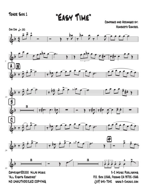 Easy Time tenor 1 Latin jazz printed sheet music www.3-2music.com composer and arranger Humberto Ramírez big band 4-4-5 instrumentation