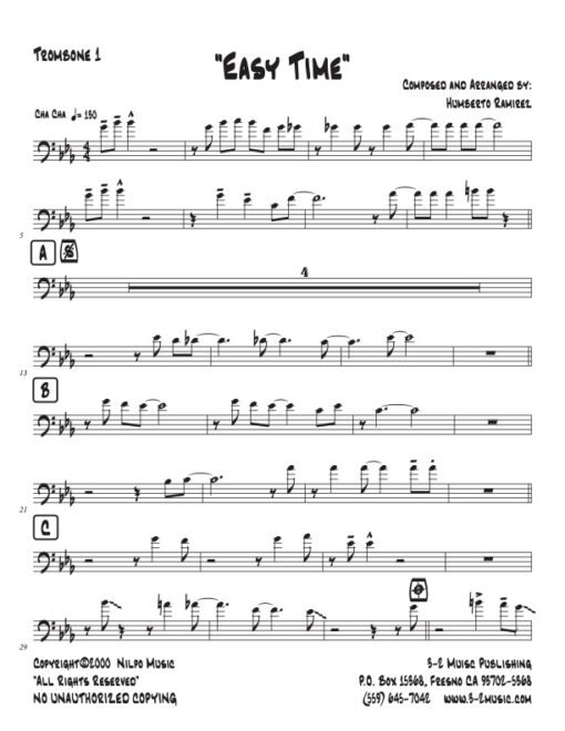 Easy Time trombone 1 Latin jazz printed sheet music www.3-2music.com composer and arranger Humberto Ramírez big band 4-4-5 instrumentation